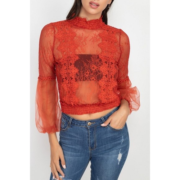 Lace Trim Balloon Sleeve Smocked Top - Picture 4 of 8